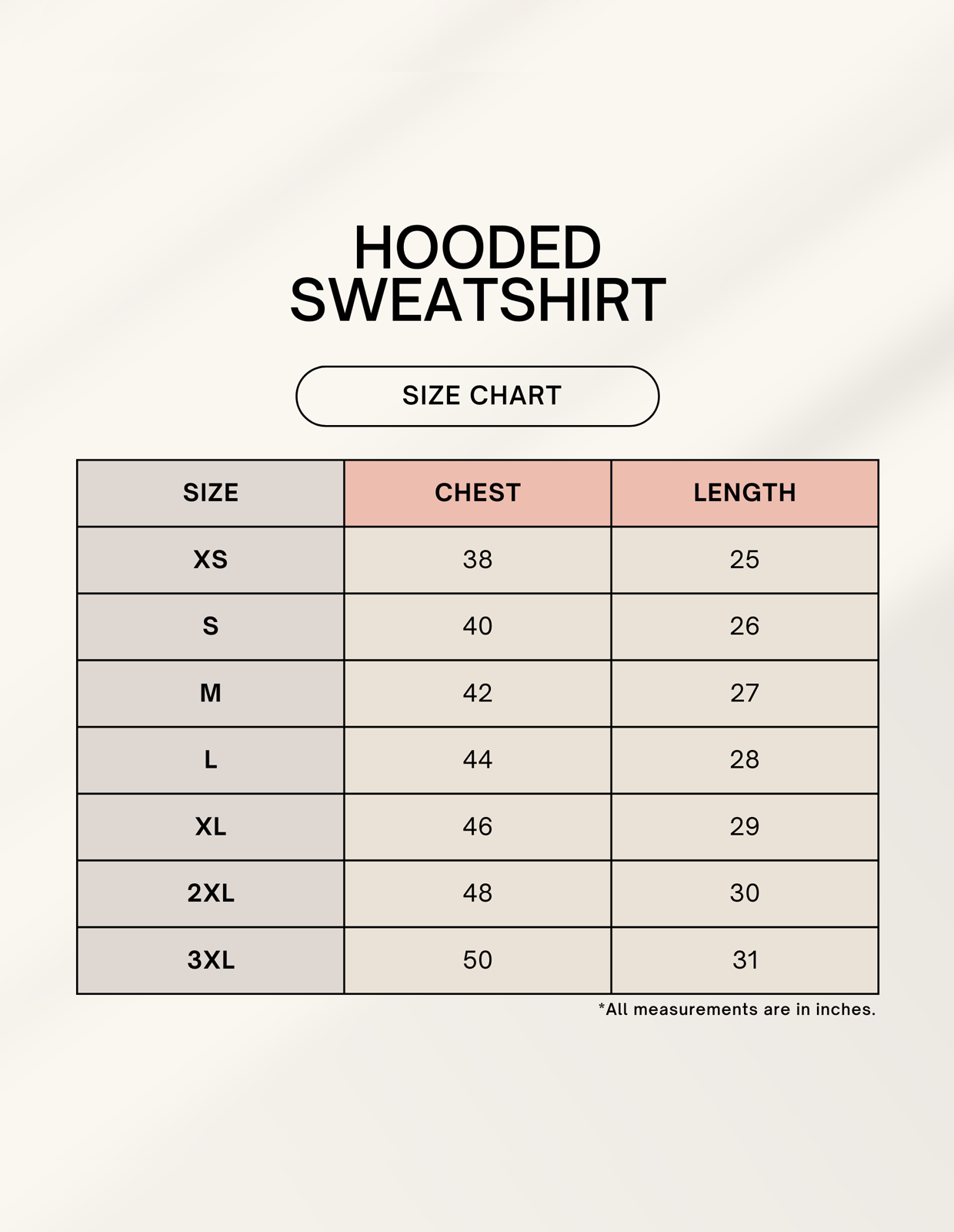 Unisex Hoodies Size Chart