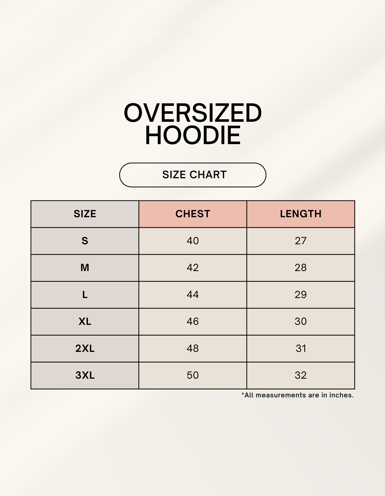 Premium Oversize hoodie size chart