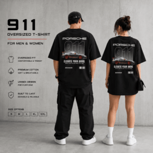 911 porche with 240 GSM 100% Cotton black colour unisex oversized t-shirt
