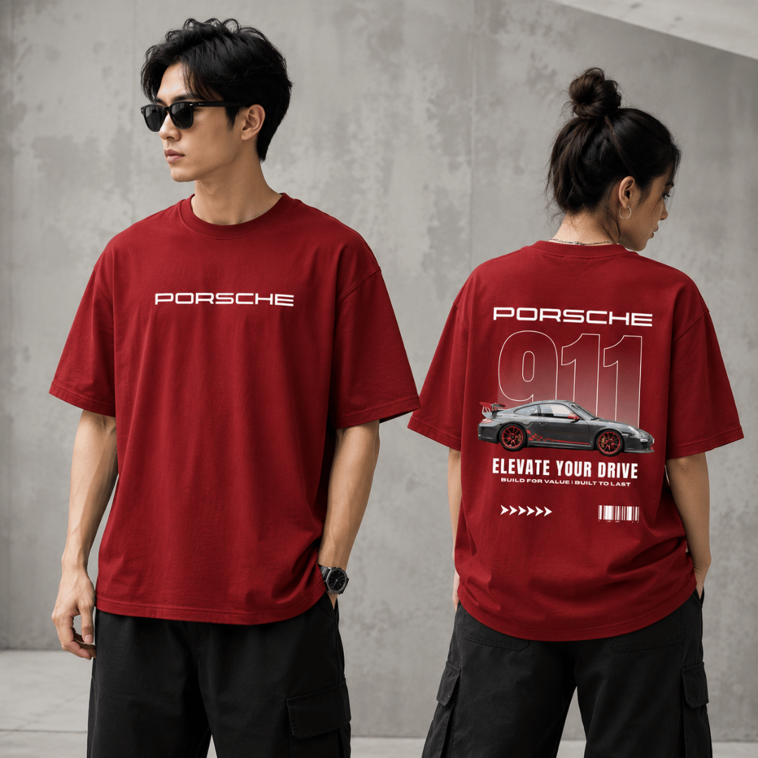 print on back and front side of red colour unisex oversized t-shirt