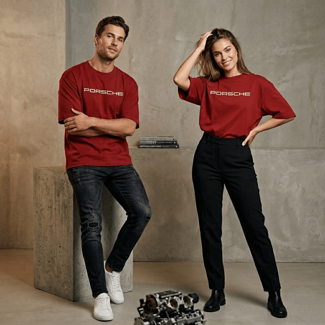 Unisex front side print of porsche on red colour oversized t-shirt