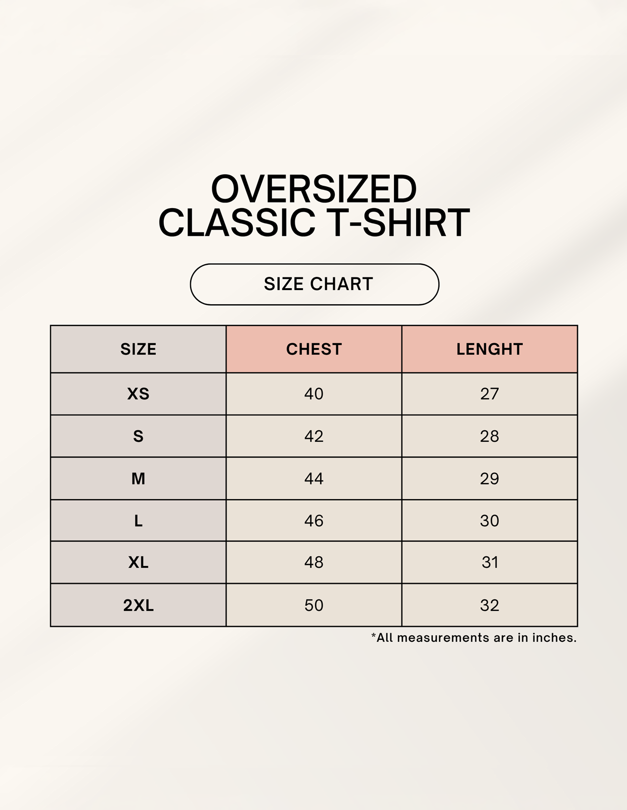 Unisex Classic oversized t-shirt Size Chart