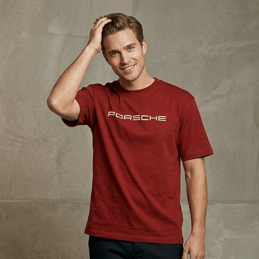 Front side porsche print on a red colour oversized male t-shirt