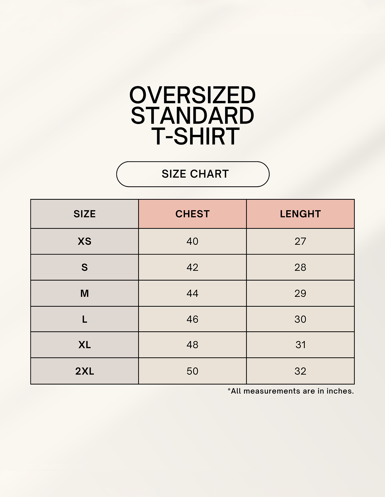 Unisex Oversized Standard T-shirt Size Chart