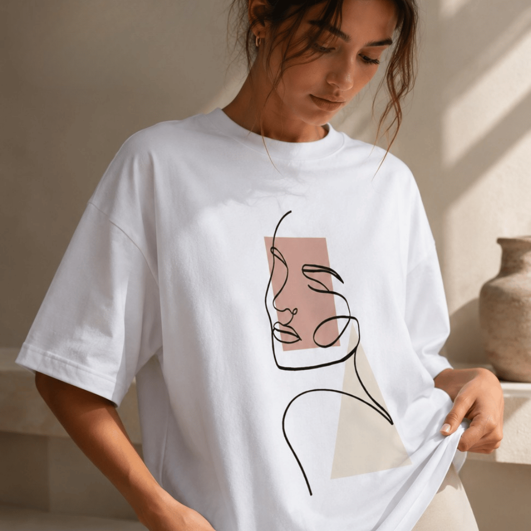 Women's drop-shoulder white graphic oversized t-shirt with abstract art print — detail holding hem shot