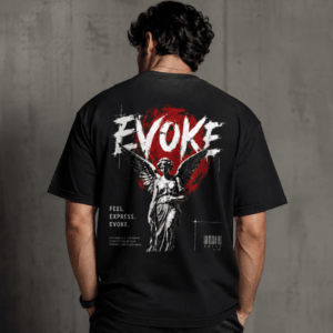 Evoke black 240 GSM heavyweight cotton tee back view – angel statue graphic with bold EVOKE typography, inclusive streetwear