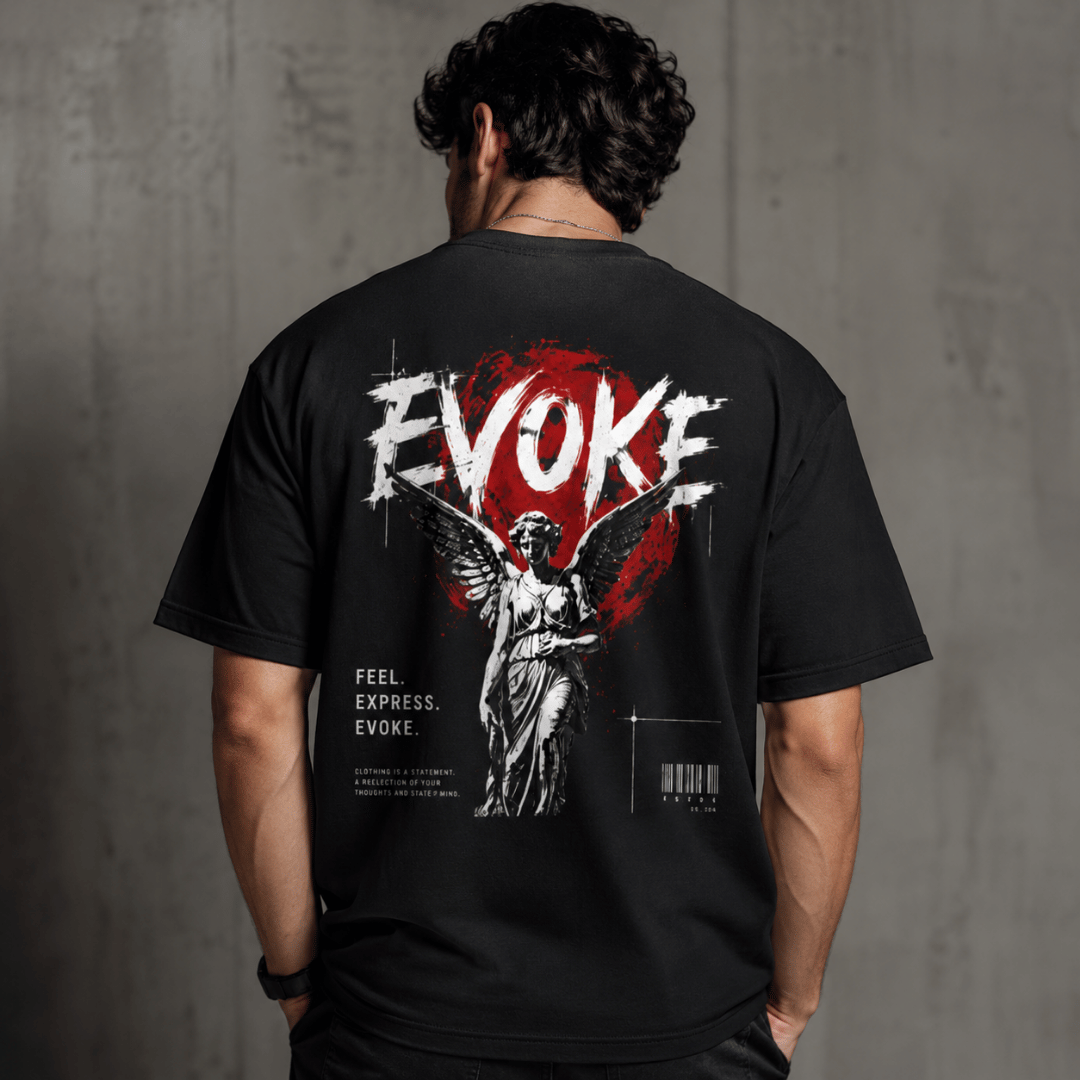 Evoke black 240 GSM heavyweight cotton tee back view – angel statue graphic with bold EVOKE typography, inclusive streetwear