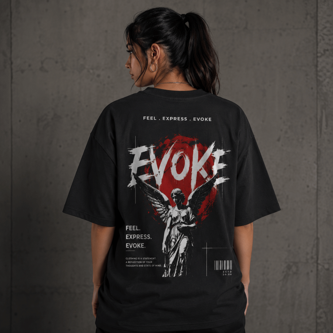 Evoke black 240 GSM heavyweight cotton tee back view – angel statue graphic with bold EVOKE typography, inclusive streetwear