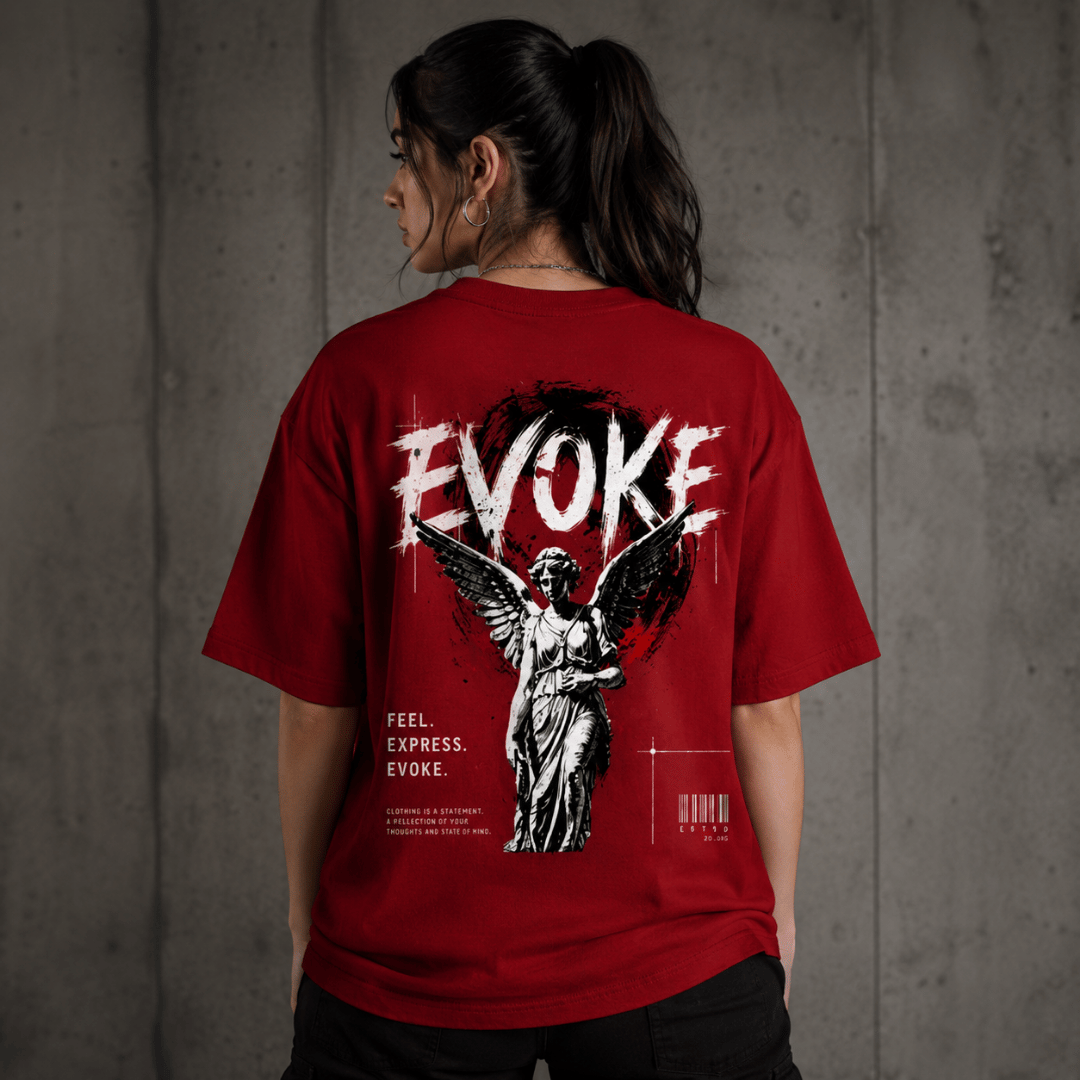 Evoke red gender-neutral oversized streetwear tee – back graphic with angel print and FEEL EXPRESS EVOKE tagline