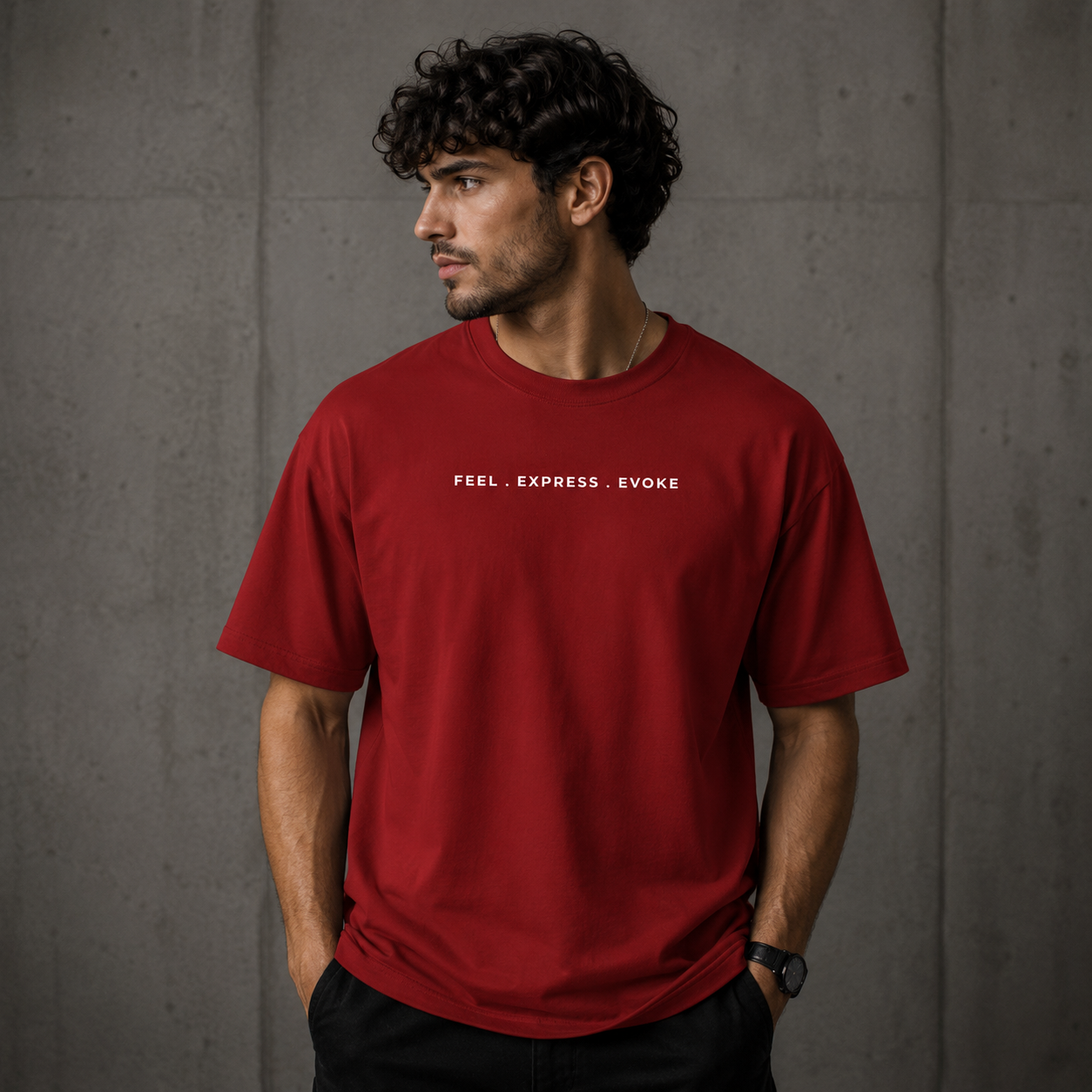 Evoke unisex size-inclusive oversized t-shirt in deep red – minimal front print on 240 GSM cotton, for all body types