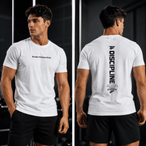 Thread Evoke Discipline men's gym t-shirt — front and back view showing Evoke Fitness Club chest print and DISCIPLINE back graphic