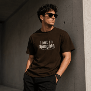 Lost in Thoughts coffee brown oversized cotton t-shirt for men by Thread Evoke — front view with gothic graphic print