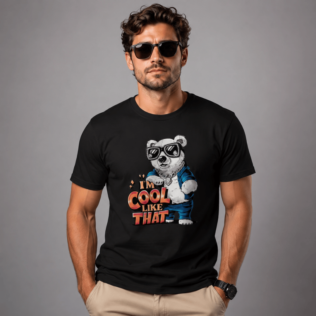 Thread Evoke "I'm Cool Like That" men's graphic T-shirt in Jet Black with polar bear print, front view, sizes S to XXXL