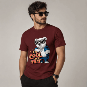 Thread Evoke "I'm Cool Like That" men's graphic tee in Brick Red, polar bear sunglasses print, regular fit, front view