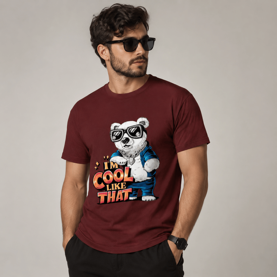 Thread Evoke "I'm Cool Like That" men's graphic tee in Brick Red, polar bear sunglasses print, regular fit, front view