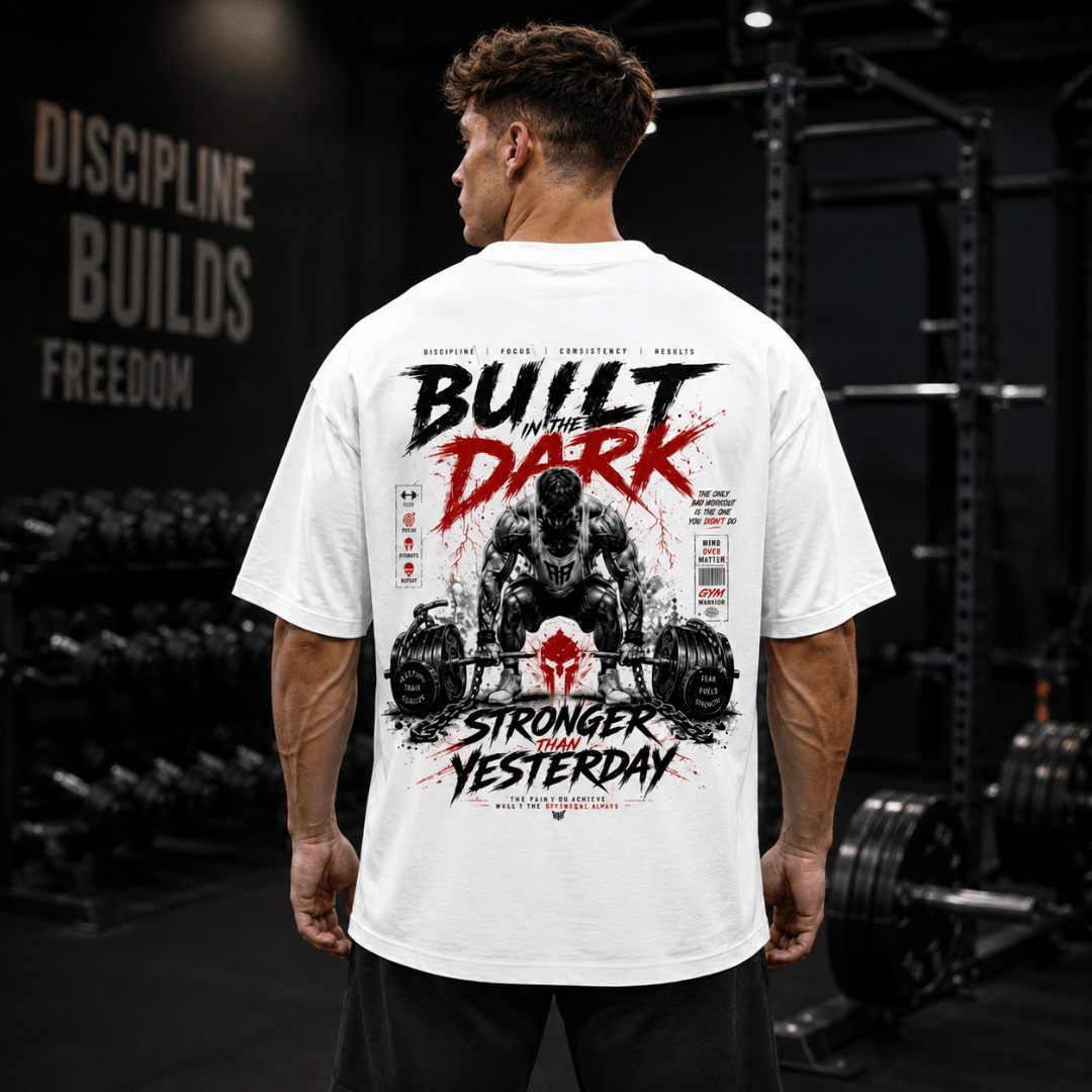 Thread Evoke Built in the Dark Men's White Gym Oversized T-Shirt Back Graphic Print