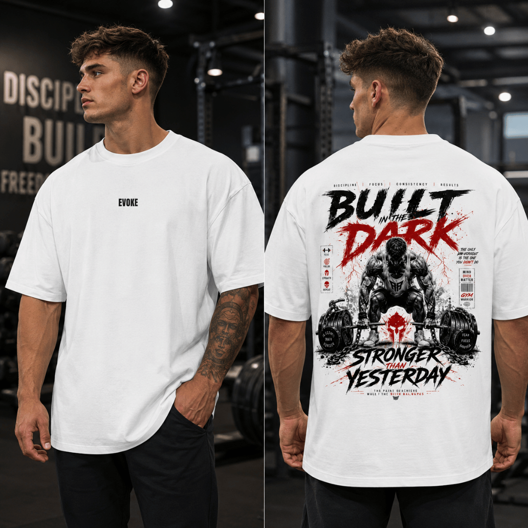 Thread Evoke Men's White Gym Oversized T-Shirt Front EVOKE Logo and Back Graphic Print