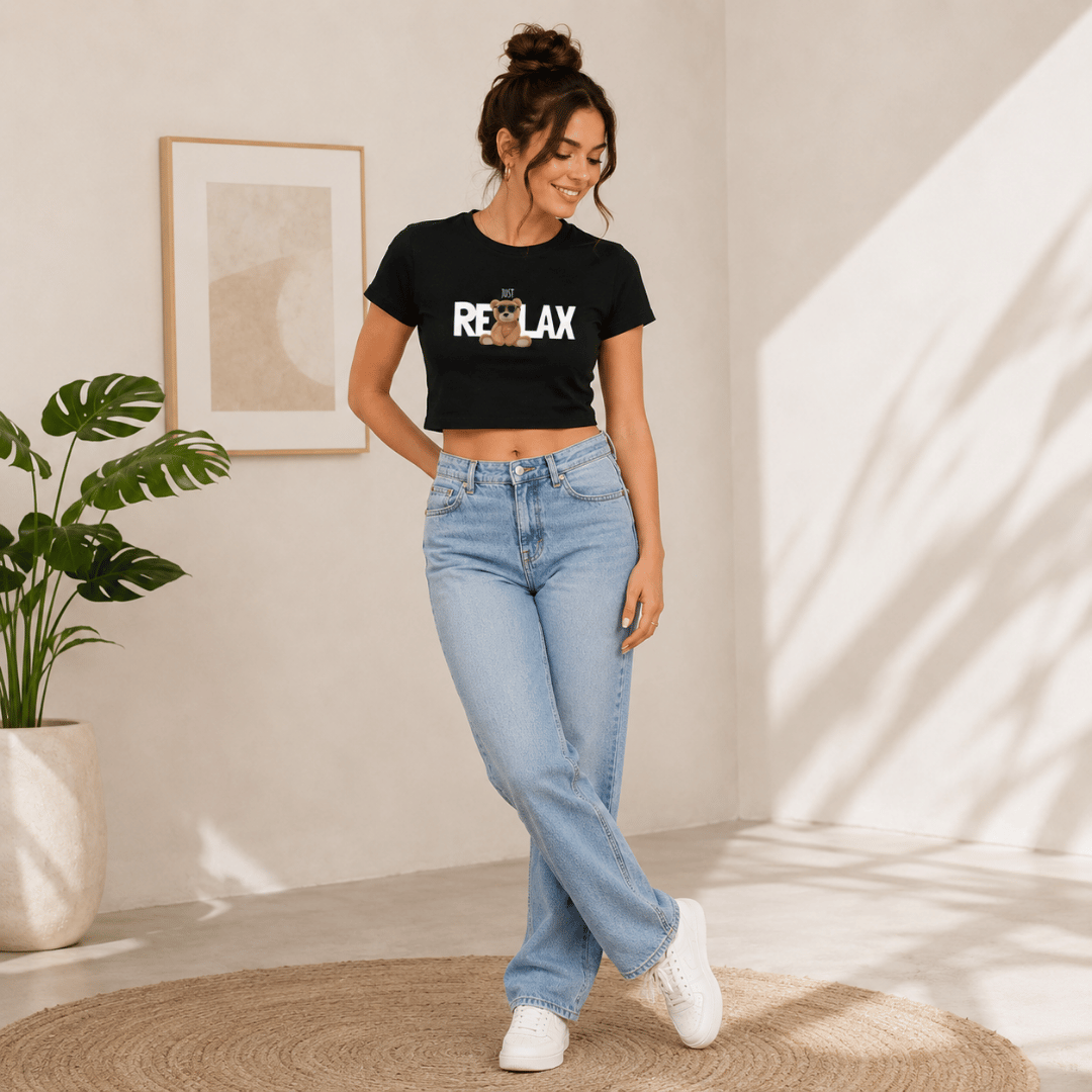 Thread Evoke Just Relax women's cropped baby tee — black fitted crop top street style look with wide-leg denim and white sneakers, Gen Z fashion