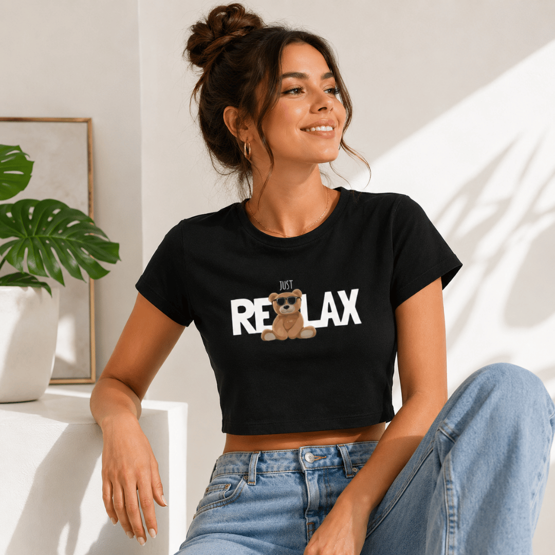 Thread Evoke women's black baby tee — fitted cropped graphic top with teddy bear sunglasses print, casual street style denim outfit, sizes XS to XXL