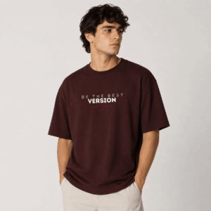 Men's oversized maroon t-shirt with Be The Best Version of You print – Thread Evoke 240 GSM heavyweight cotton tee, front view on male model