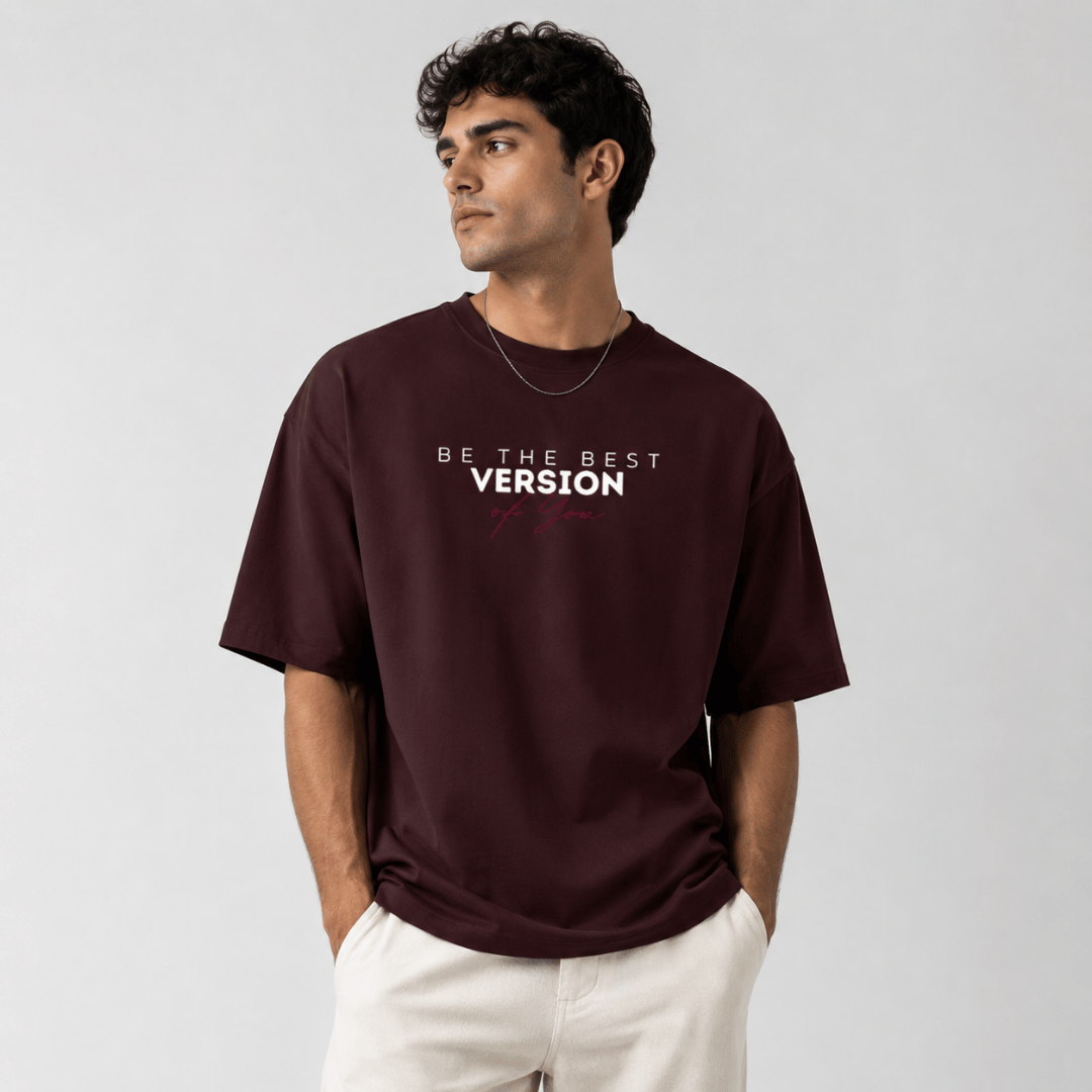 Thread Evoke men's oversized maroon t-shirt – relaxed drop shoulder fit, 240 GSM heavyweight cotton graphic tee for men, full body front view