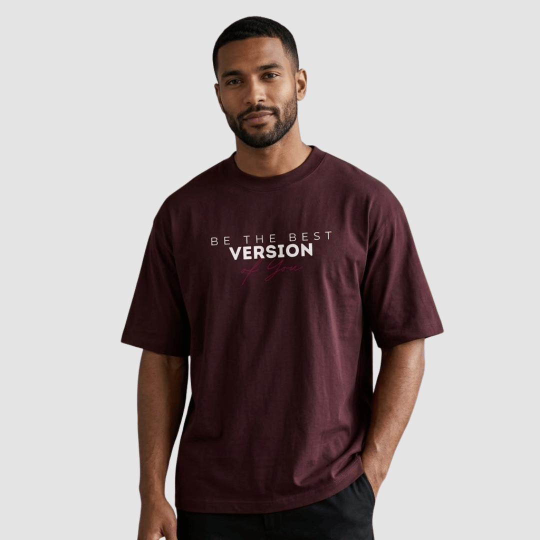 Men's oversized maroon graphic t-shirt by Thread Evoke – Be The Best Version of You motivational print, premium 240 GSM cotton oversized tee