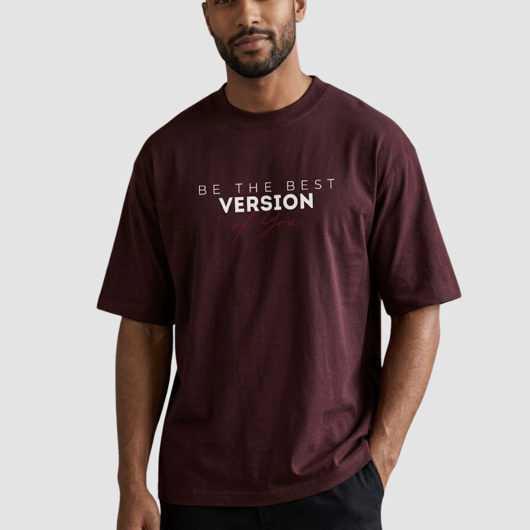 Close-up of Thread Evoke men's oversized maroon t-shirt – heavyweight 240 GSM cotton drop shoulder fit with Be The Best Version of You chest print