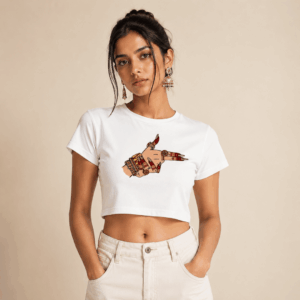 Woman wearing Thread Evoke white desi graphic crop top with mehndi hand print and gold jhumka earrings