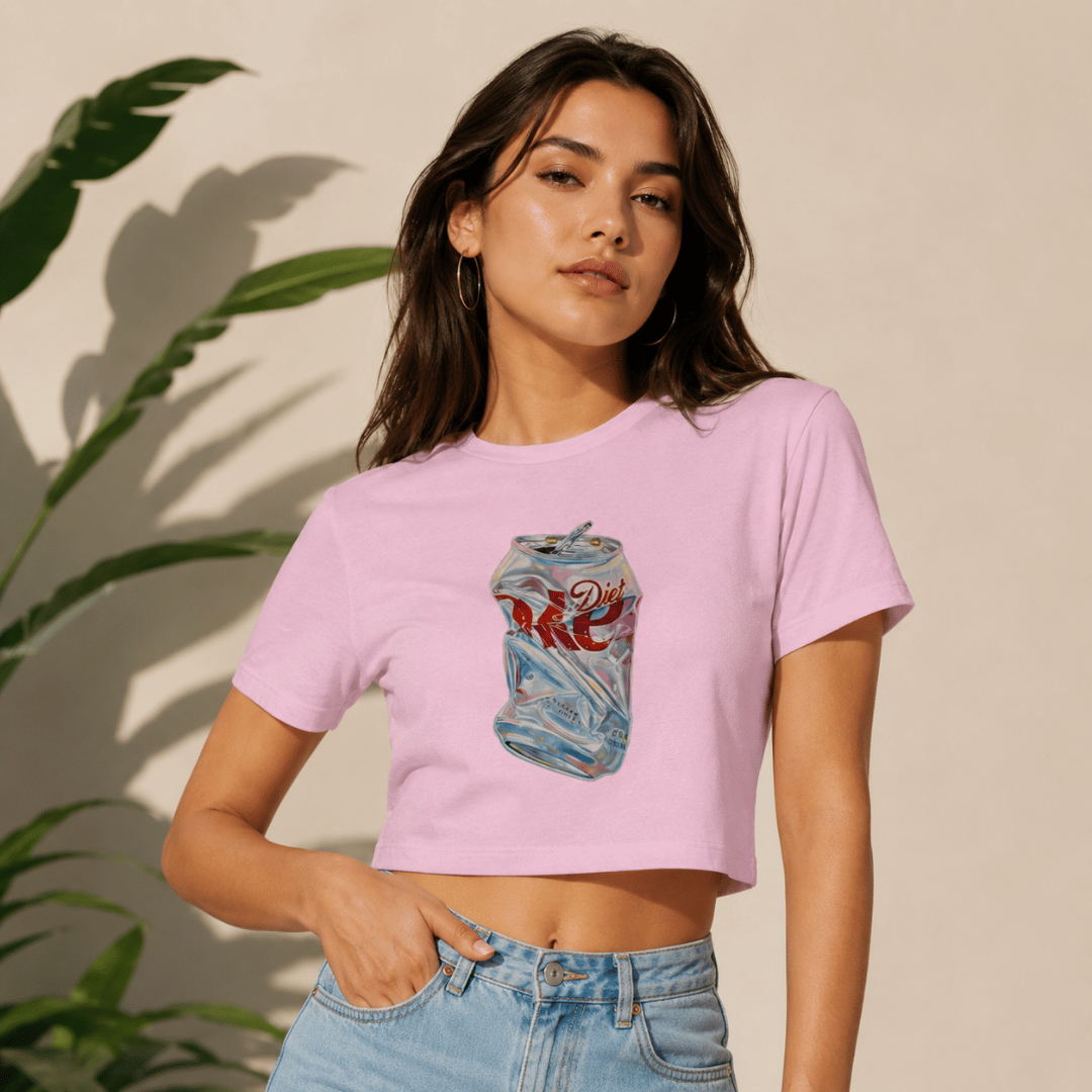 Thread Evoke Gen Z crop top in baby pink with bold can graphic — street style look