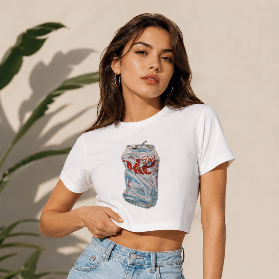 Thread Evoke women's graphic baby tee in white with crushed can print — front view