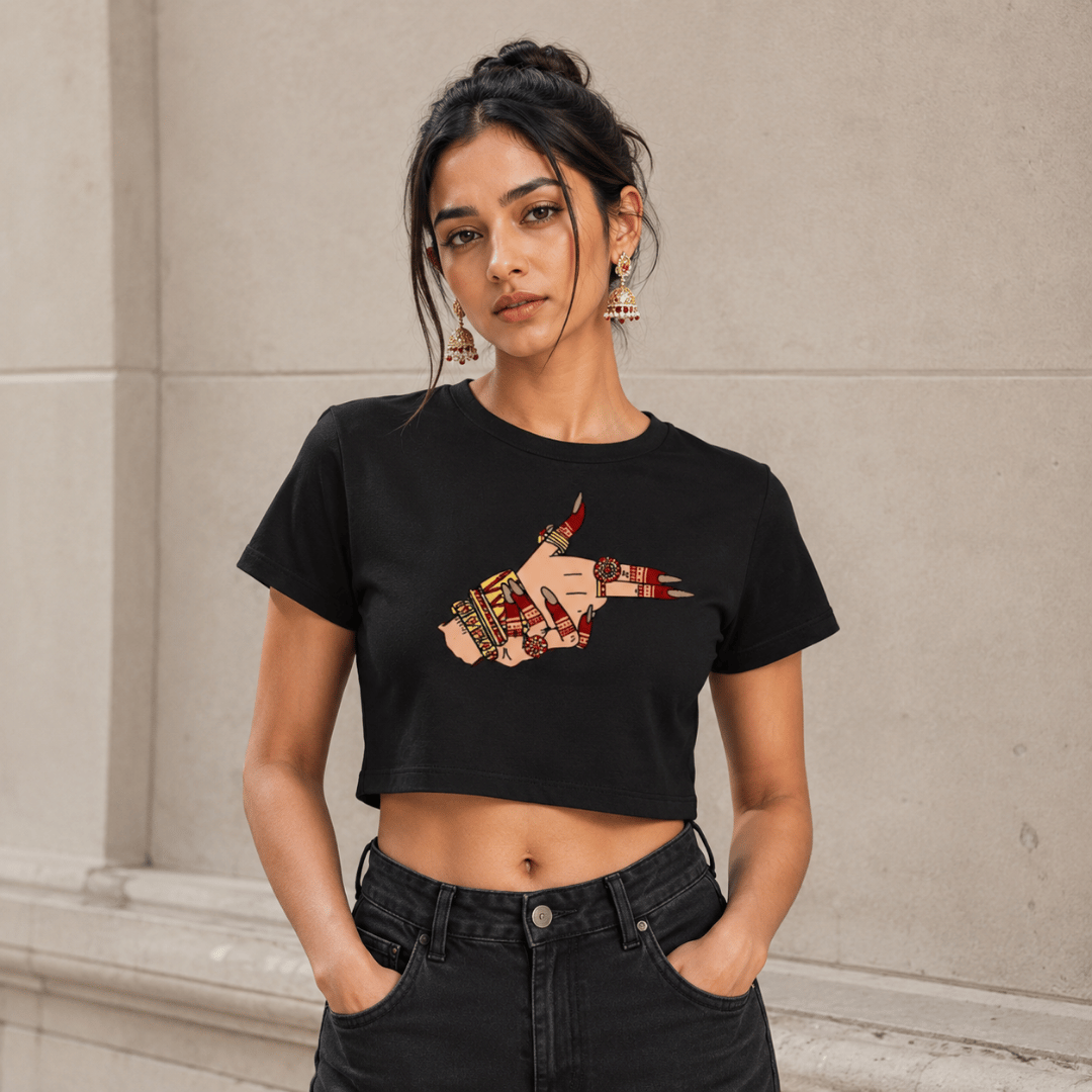 Thread Evoke black baby tee with Indian mehndi hand graphic and bangle illustration on model