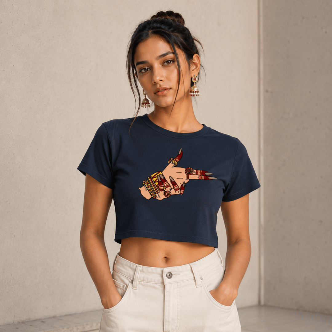 Thread Evoke navy blue desi crop top with mehndi hand print styled with white jeans and jhumkas