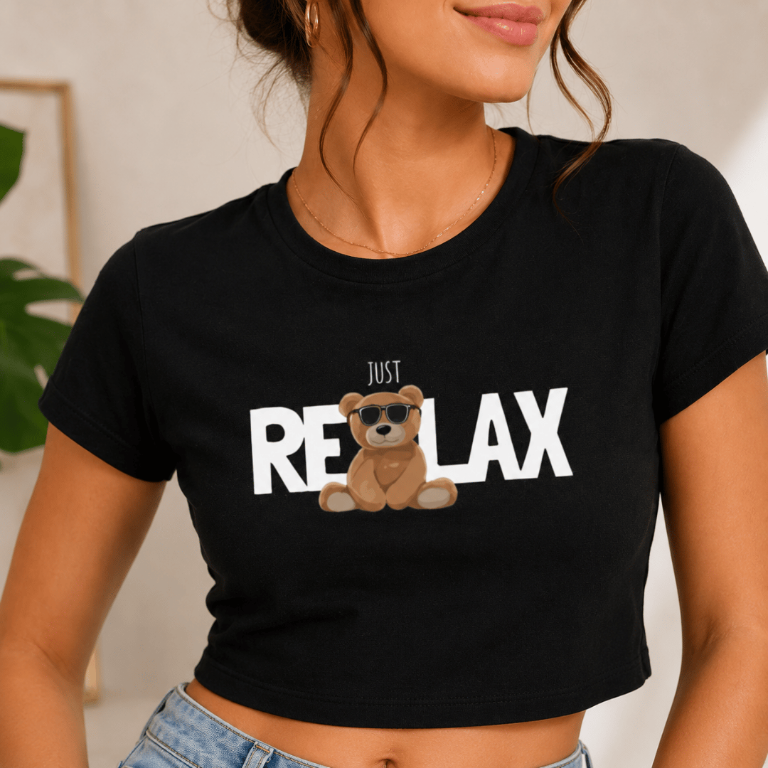 Zoom-in of Just Relax black crop top women's graphic tee by Thread Evoke — teddy bear with sunglasses print on breathable 240 GSM cotton spandex bio-wash fabric