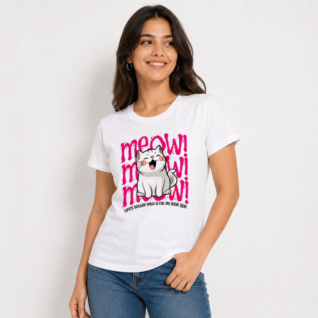 Women's Cat Graphic T-Shirt in white with pink Meow Meow print – Thread Evoke regular fit cotton tee for cat lovers