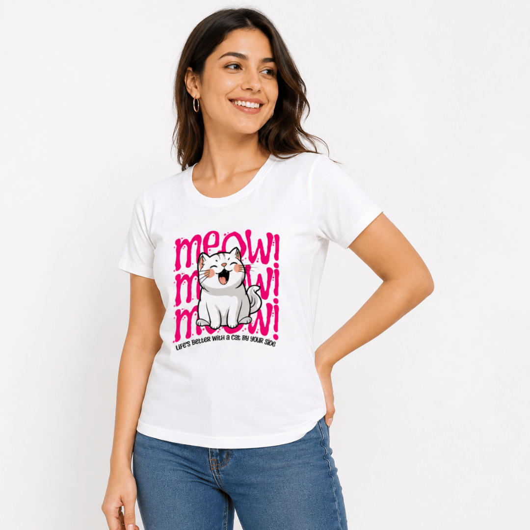 Thread Evoke Women's Cat Graphic T-Shirt – white regular fit tee with cute Meow Meow cartoon cat print in hot pink