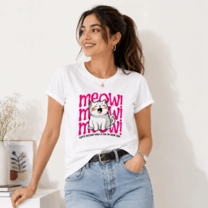 Casual styled Women's Cat Graphic T-Shirt by Thread Evoke – soft 100% cotton regular fit white tee with pink Meow Meow print