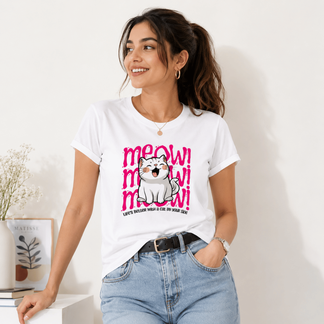 Casual styled Women's Cat Graphic T-Shirt by Thread Evoke – soft 100% cotton regular fit white tee with pink Meow Meow print