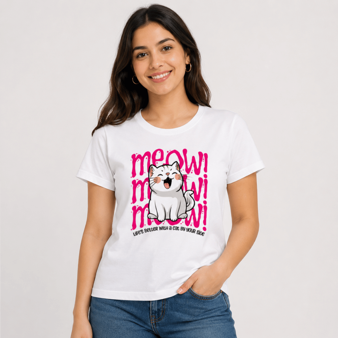 Close-up of Thread Evoke Women's Cat Graphic T-Shirt – white cotton tee featuring bold pink Meow Meow cat print and Life's Better With a Cat tagline