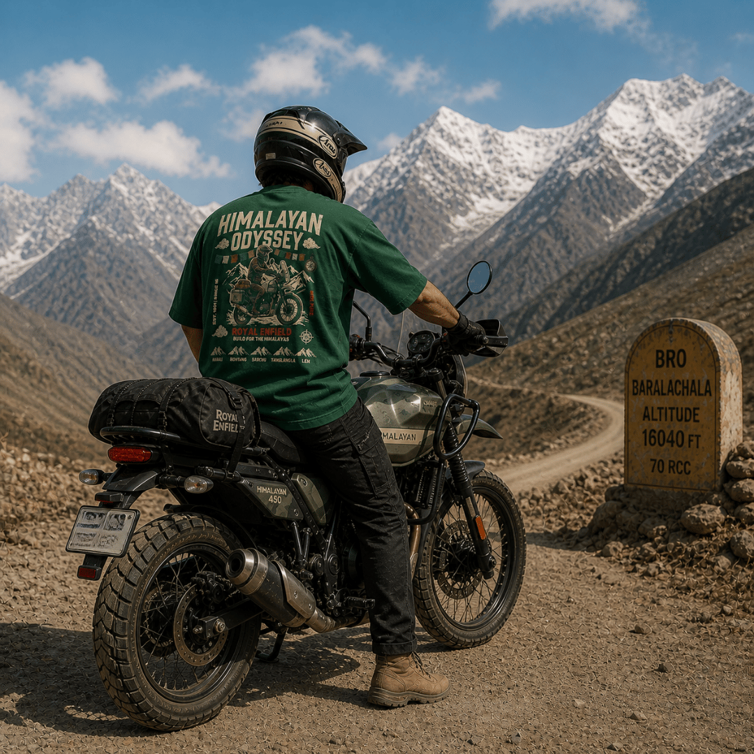 Motorcyclist in bottle green Royal Enfield Himalayan Odyssey oversized graphic t-shirt at Baralacha La pass, 16,040 ft, on the Manali to Leh highway — unisex biker tee by ThreadEvoke India