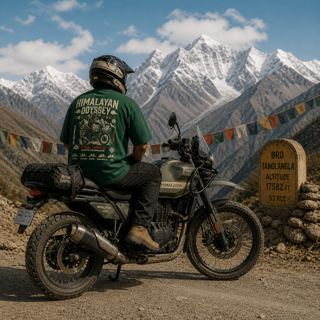 Biker wearing Royal Enfield Himalayan Odyssey bottle green oversized drop shoulder t-shirt at Tanglang La, Ladakh, with colourful Tibetan prayer flags and snow-capped Himalayan peaks in background — ThreadEvoke