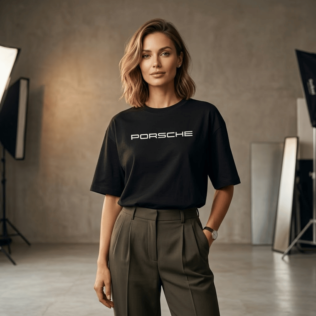 porsche 911 female black colour t-shirt pint on front side of the oversized t-shirt