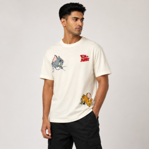 Tom and Jerry off-white regular fit men's graphic t-shirt featuring Tom the cat on the left chest and Jerry the mouse at the bottom right with the iconic Tom & Jerry logo — front view on male model