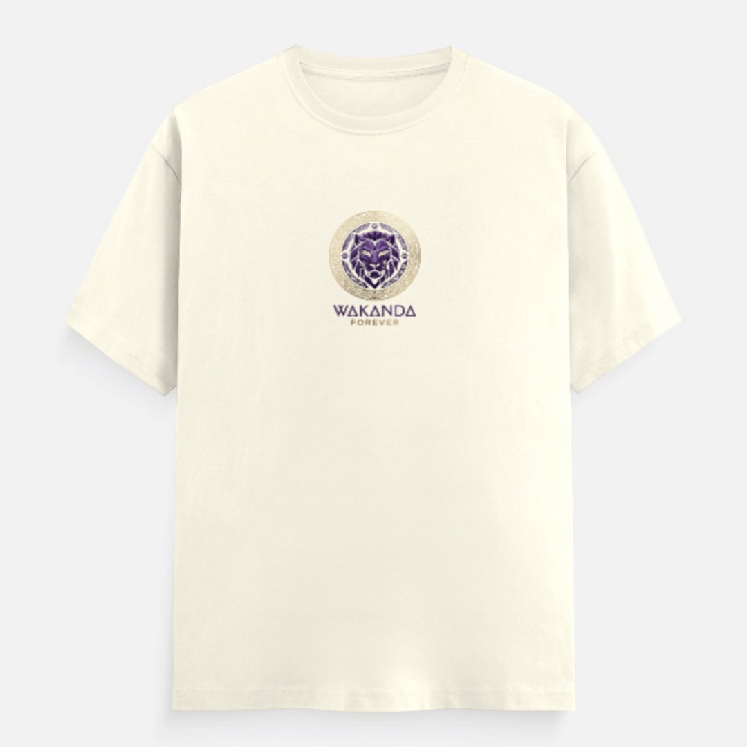 Wakanda Forever T-Shirt for Men in off-white — small purple lion mandala chest print on 100% cotton tee, flat lay front view