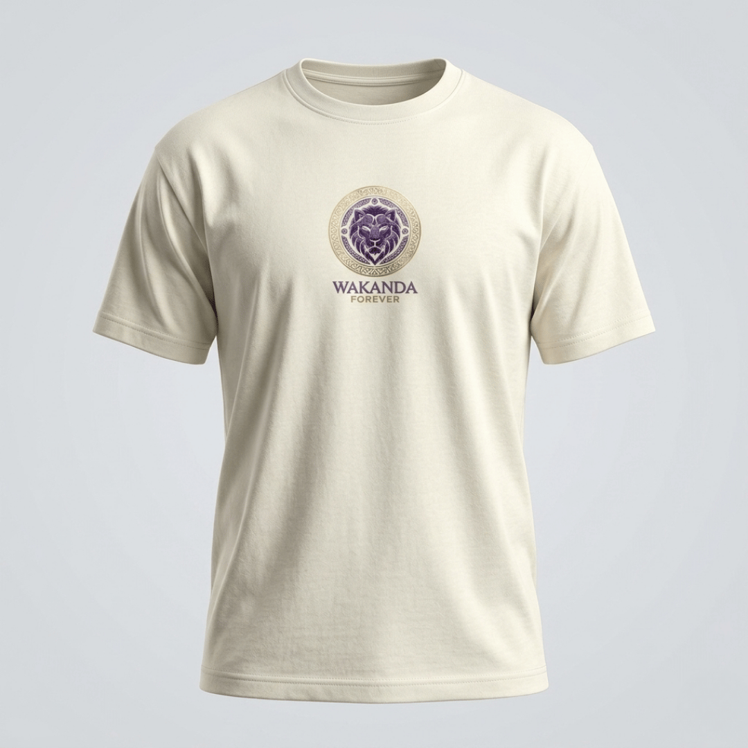 Wakanda Forever Men's Graphic T-Shirt — off-white 180 GSM cotton tee with bold purple lion mandala print, front flat lay