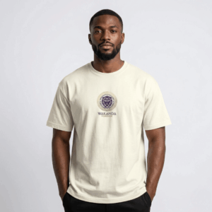 Man wearing Wakanda Forever T-Shirt for Men — off-white 100% cotton graphic tee with purple lion mandala, relaxed regular fit