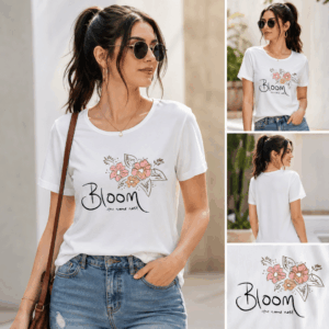 hread Evoke Bloom women's floral graphic t-shirt – front, back and print detail in white regular fit 100% cotton tee