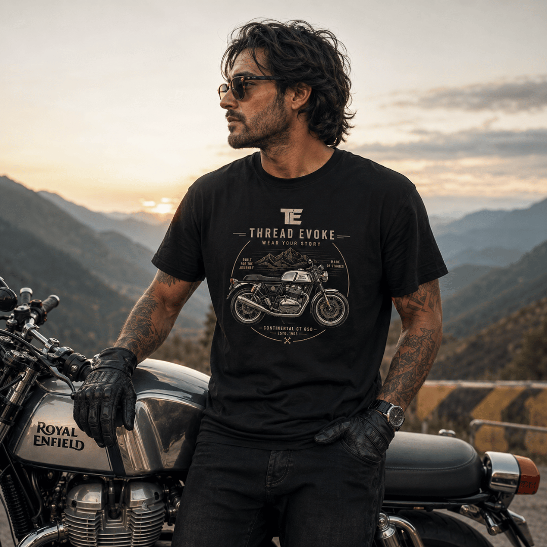 Thread Evoke Continental GT 650 graphic t-shirt worn by a Royal Enfield rider at sunset with mountain highway backdrop — Wear Your Story