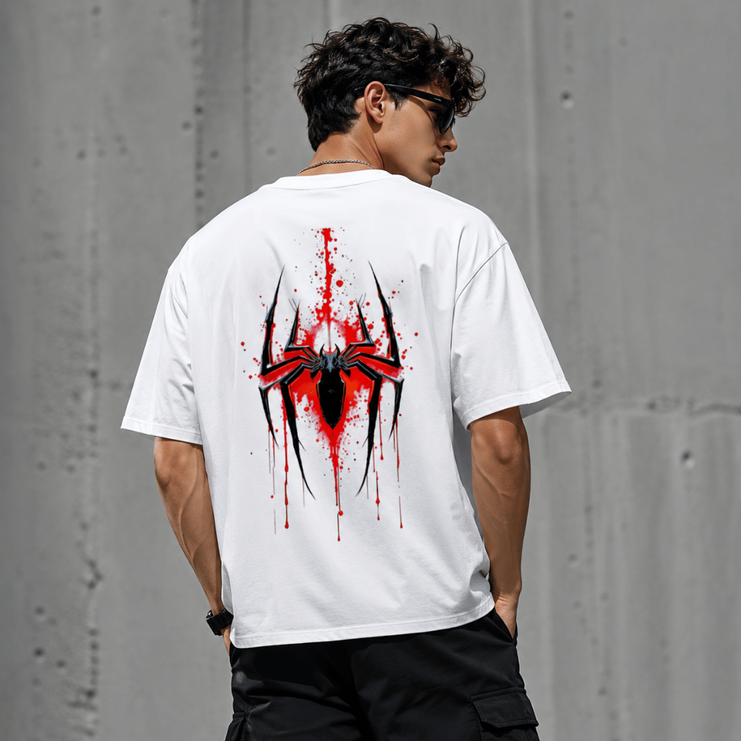 Thread Evoke Sprider men's oversized spider graphic tee full back view drop shoulder fit 240 GSM white tee