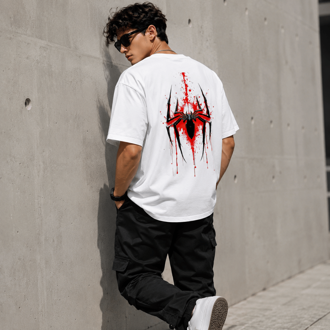 Thread Evoke Sprider white oversized graphic t-shirt men back print streetwear lifestyle casual pose