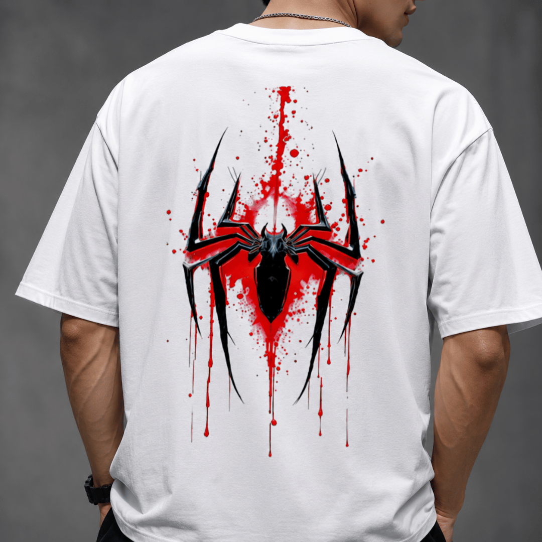 Close-up of spider back print on Thread Evoke Sprider men's oversized white graphic tee red paint splatter detail